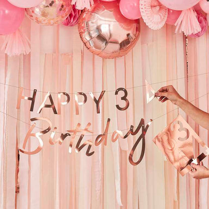 rose gold pink theme birthday party hanging banner decoration bunting words letter happy number birthday customisable personalised