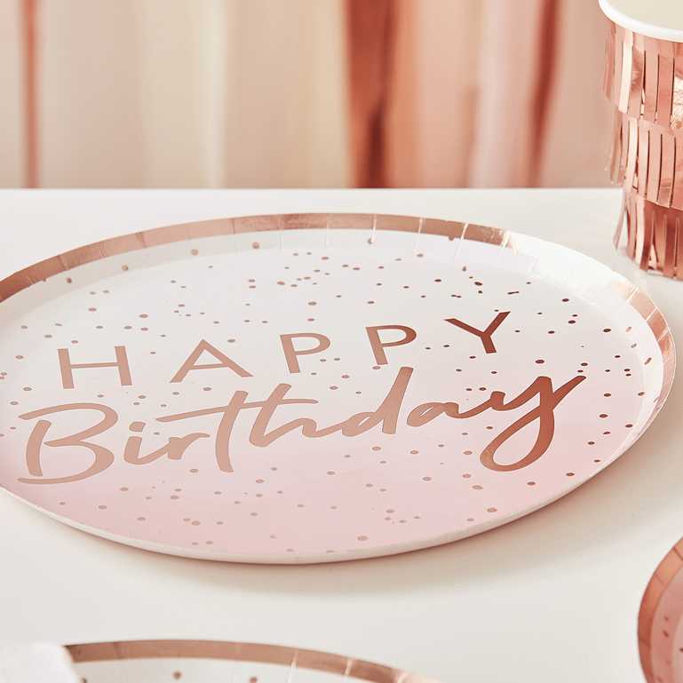 Pink & Rose Gold Happy Birthday Paper Party Plates