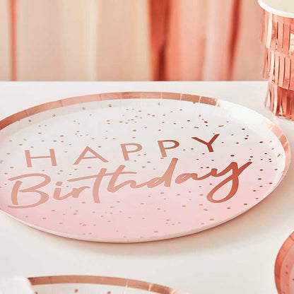 Pink & Rose Gold Happy Birthday Paper Party Plates