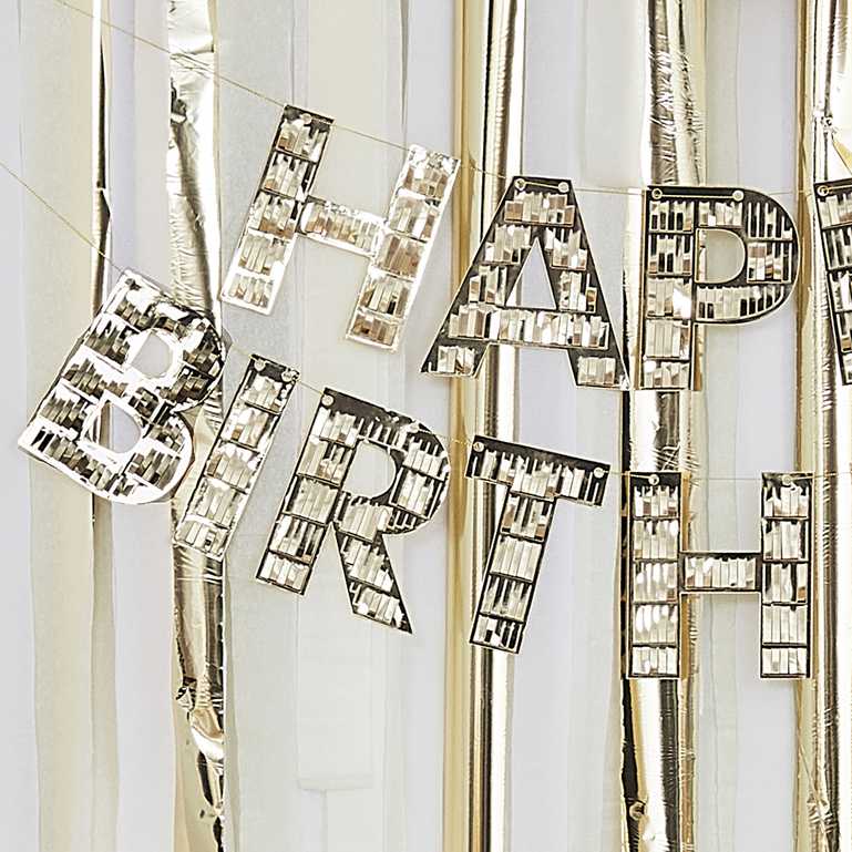 gold fringe happy birthday hanging banner bunting that reads the words 'happy birthday' for a gold theme birthday party decoration