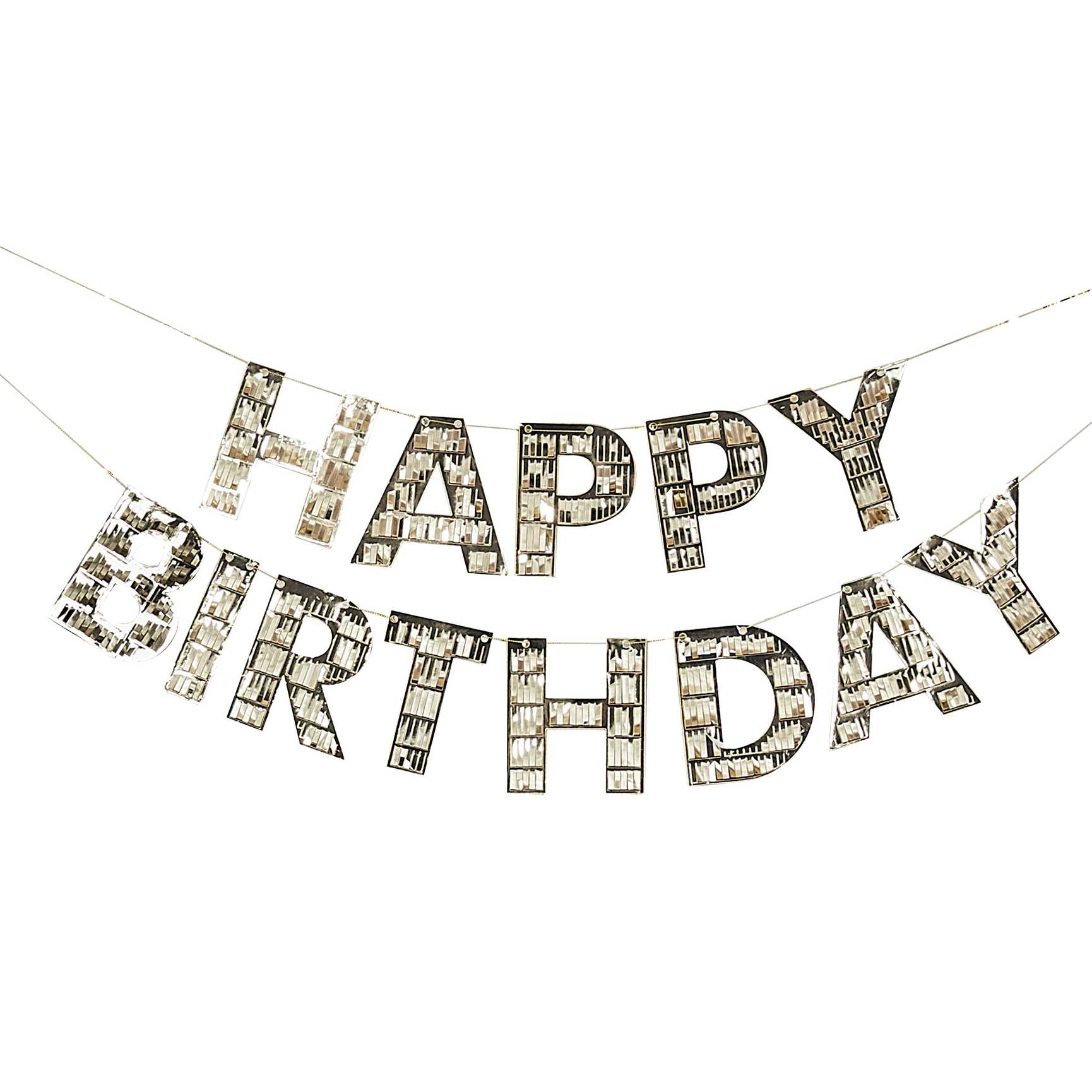 gold fringe happy birthday hanging banner bunting that reads the words 'happy birthday' for a gold theme birthday party decoration