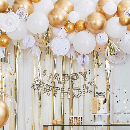 gold fringe happy birthday hanging banner bunting that reads the words 'happy birthday' for a gold theme birthday party decoration