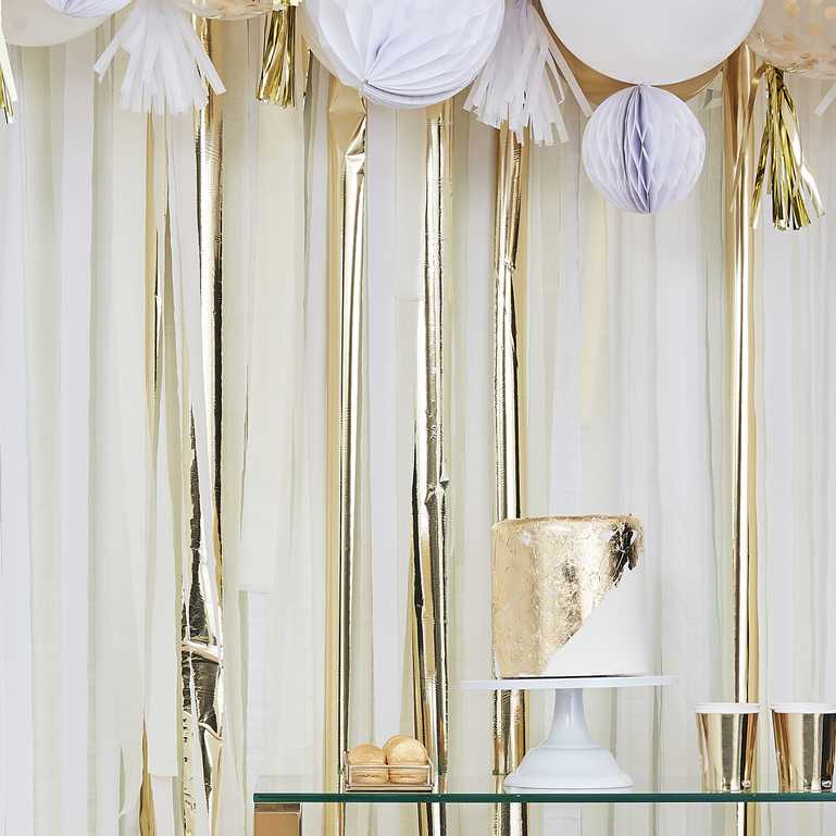 White & Gold Hanging Streamer Party Backdrop