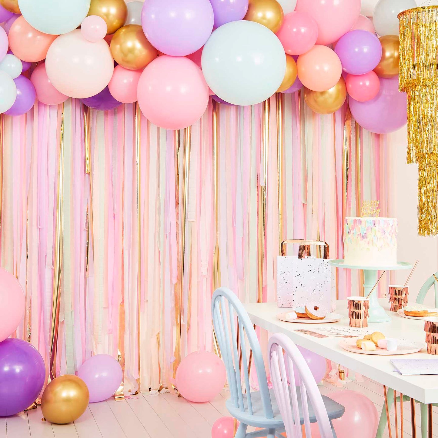 Pastel Rainbow and gold Balloon Garland & Streamer Backdrop Kit