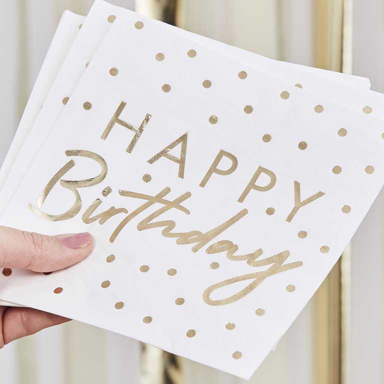 White & Gold Happy Birthday Party Napkin Serviettes