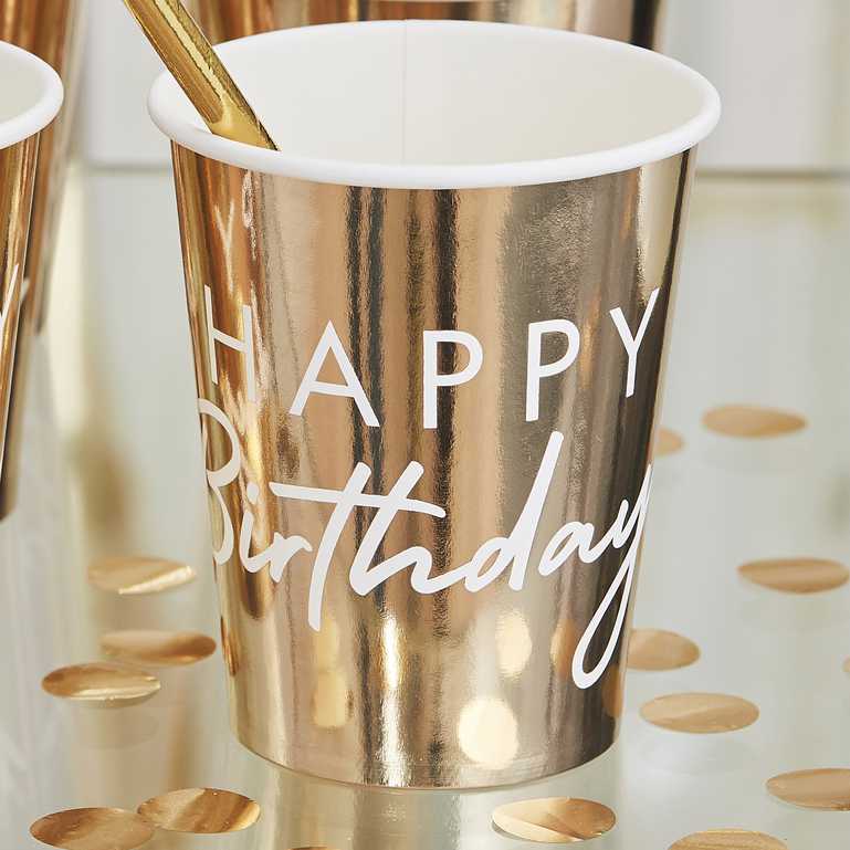 White & Gold Happy Birthday Paper Party Cups