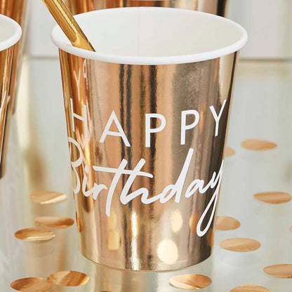 White & Gold Happy Birthday Paper Party Cups