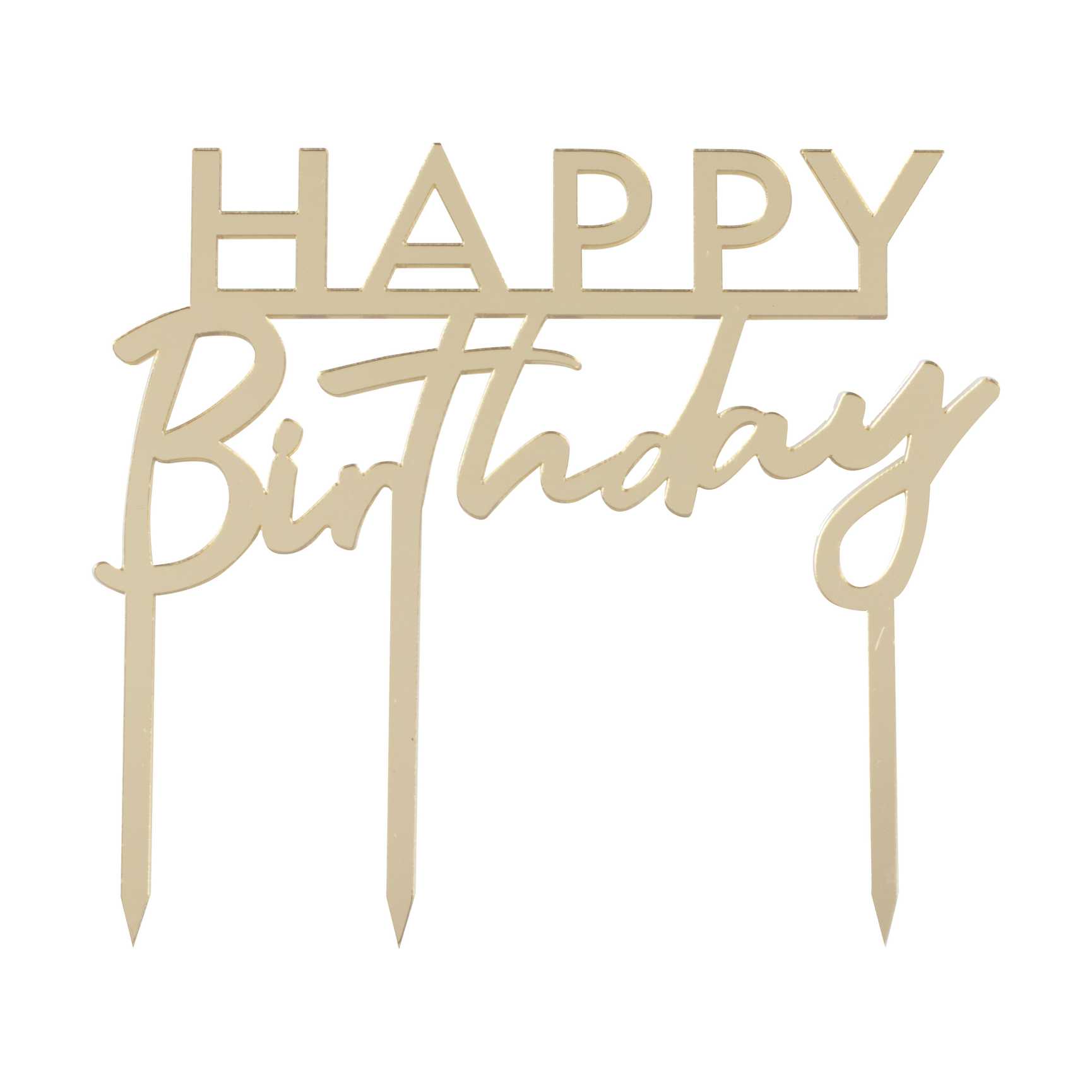 gold acrylic cake topper that reads the words 'happy birthday' for a gold theme birthday party decoration