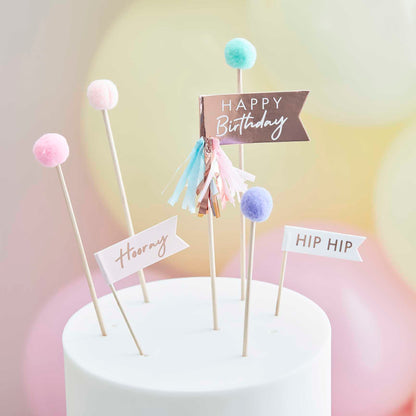 Rainbow Pom Pom Happy Birthday Cake Cupcake Toppers