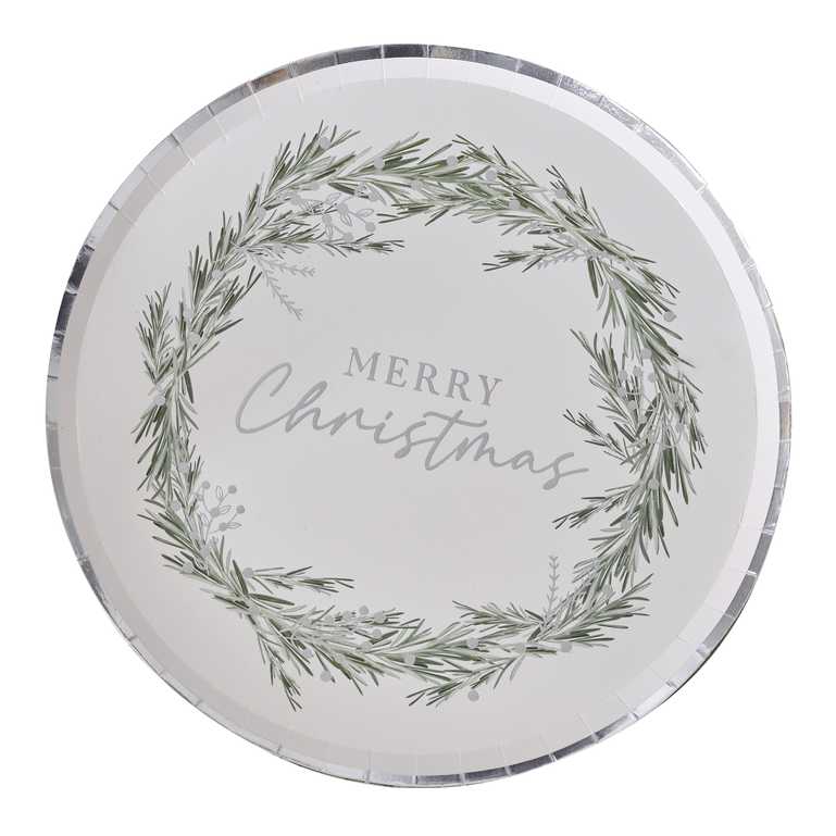 Merry Christmas Silver & Green Foilage Winter Wonderland Paper Party Plates Pack of 8