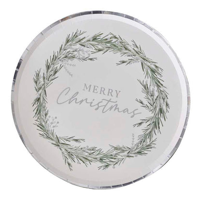 Merry Christmas Silver & Green Foilage Winter Wonderland Paper Party Plates Pack of 8