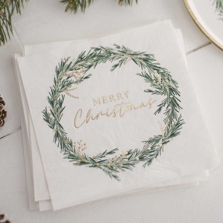 Merry Christmas Gold & Green Wreath Design Paper Party Napkins Pk 16