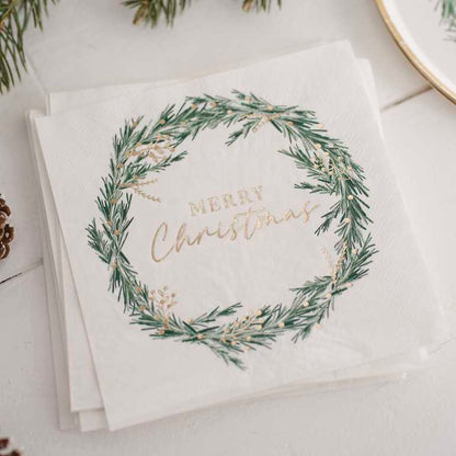 Merry Christmas Gold & Green Wreath Design Paper Party Napkins Pk 16