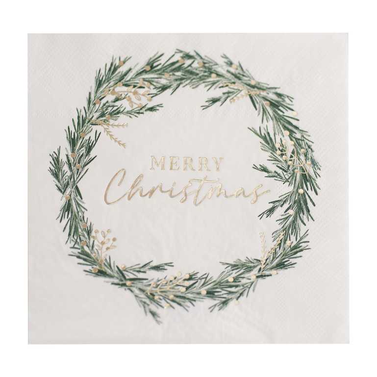 Merry Christmas Gold & Green Wreath Design Paper Party Napkins Pk 16