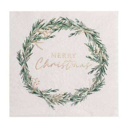 Merry Christmas Gold & Green Wreath Design Paper Party Napkins Pk 16