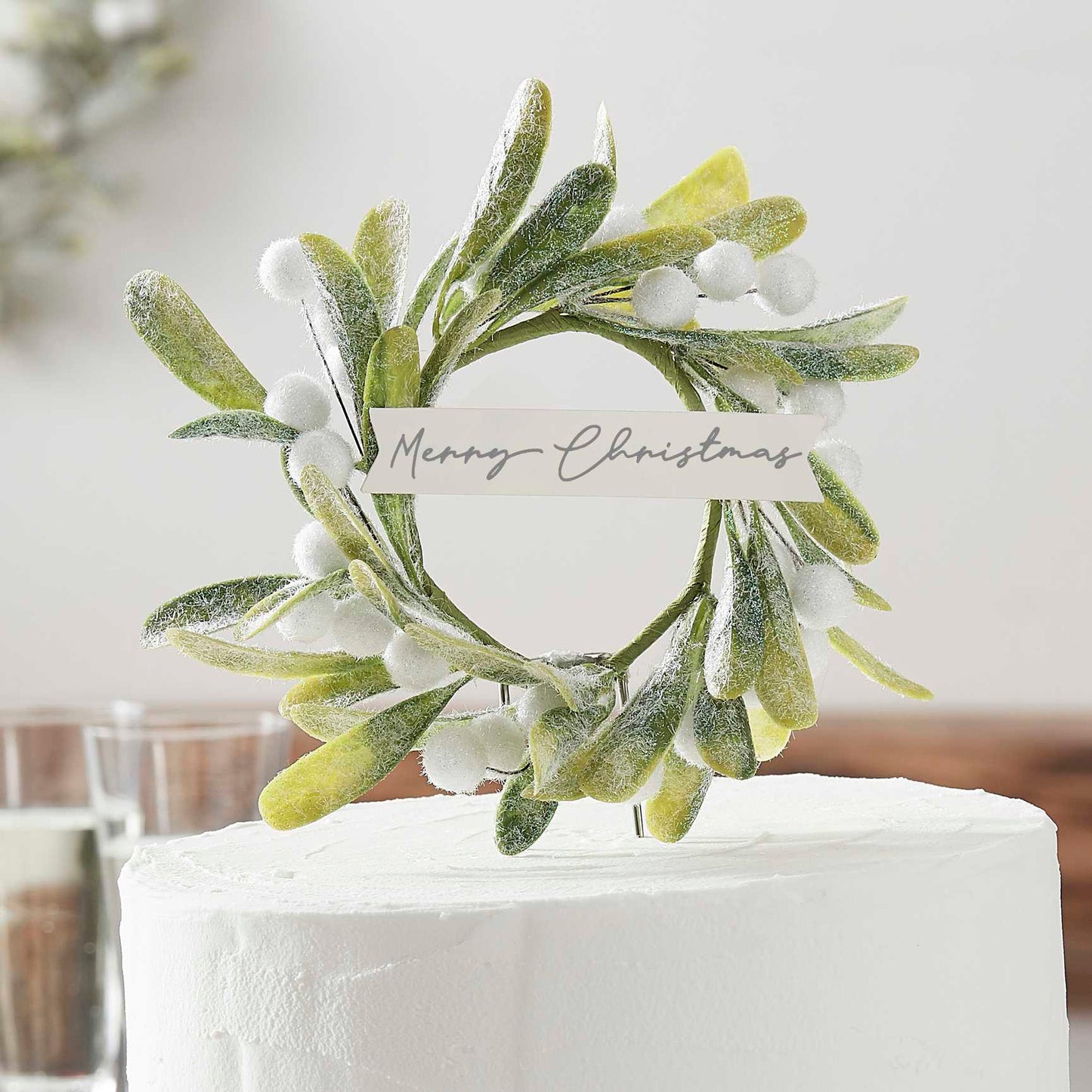 Merry Christmas Mistletoe Wreath Foilage Cake Topper