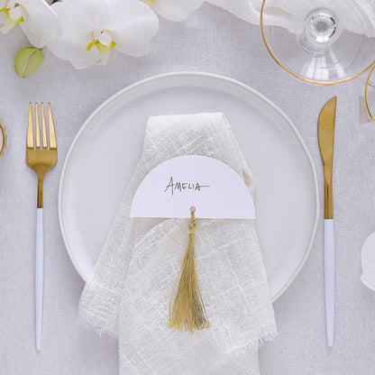 Modern Luxe White Arch Name Place Cards with Gold Tassels