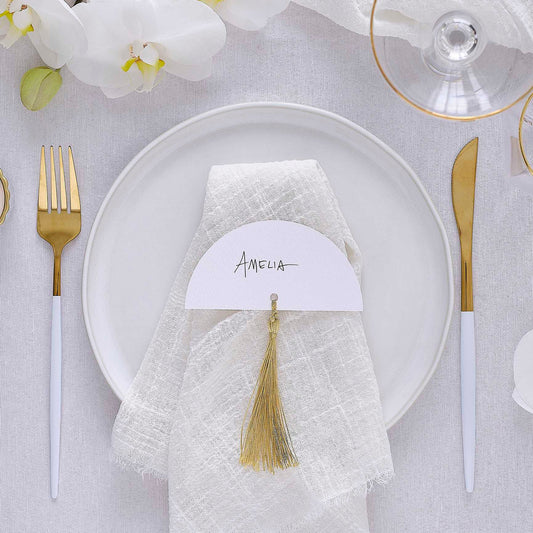 Modern Luxe White Arch Name Place Cards with Gold Tassels