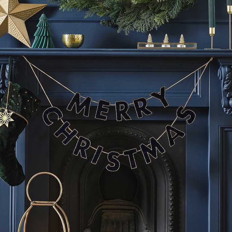 Navy Velvet Beaded Merry Christmas Sign Bunting