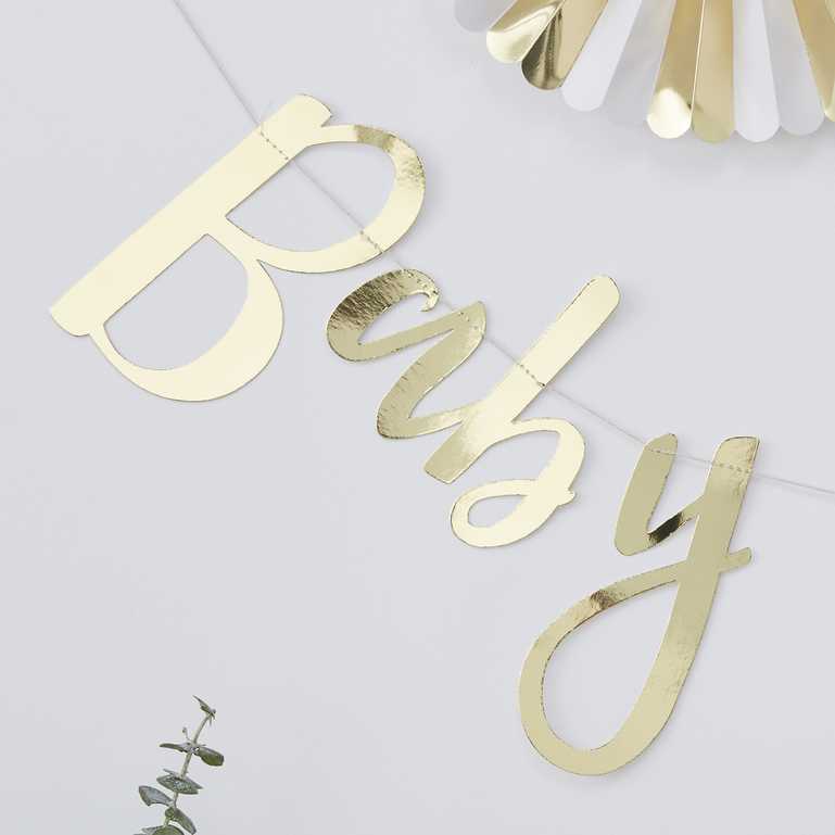 gold hanging banner bunting that says 'baby shower' for a gender reveal or baby shower party decoration theme