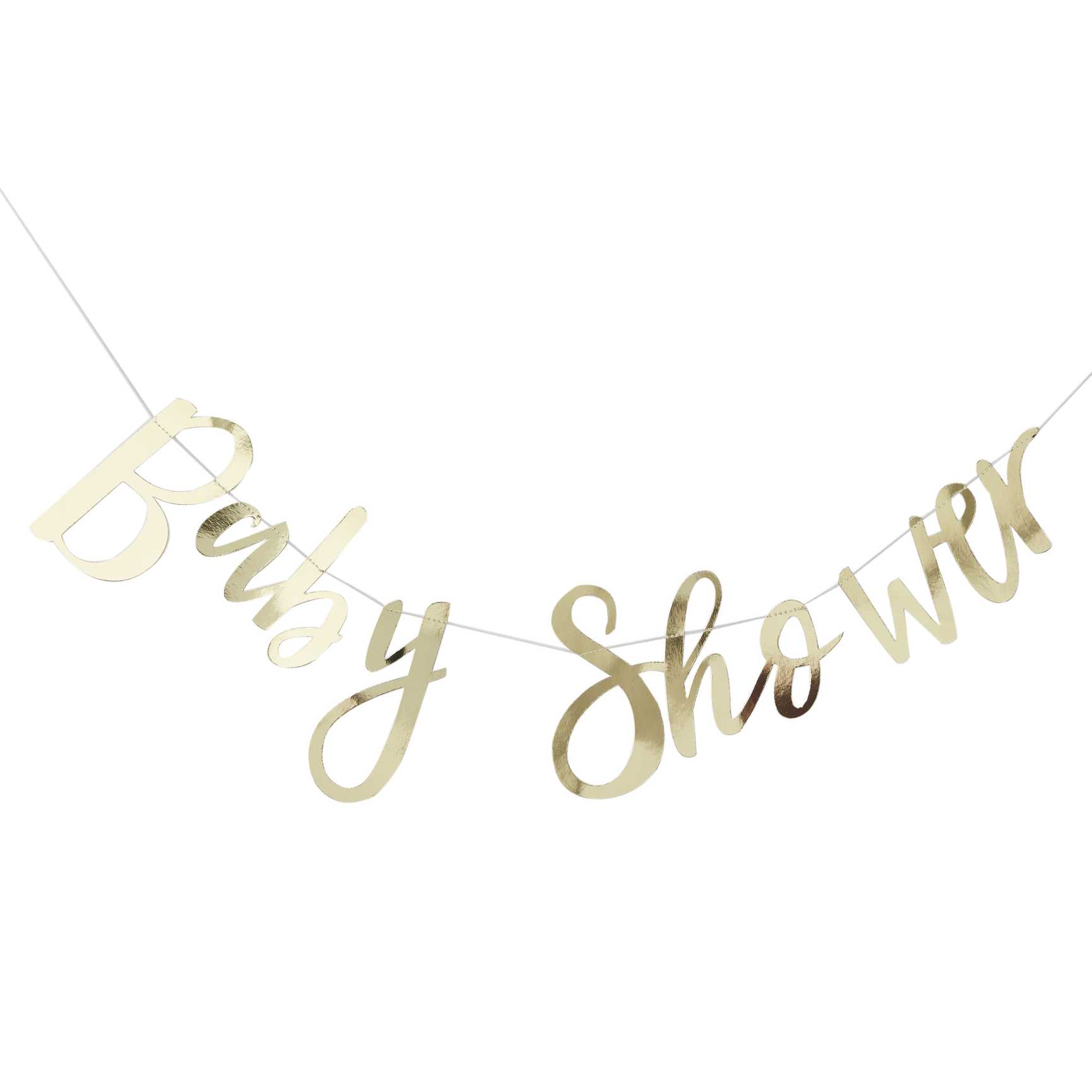 gold hanging banner bunting that says 'baby shower' for a gender reveal or baby shower party decoration theme