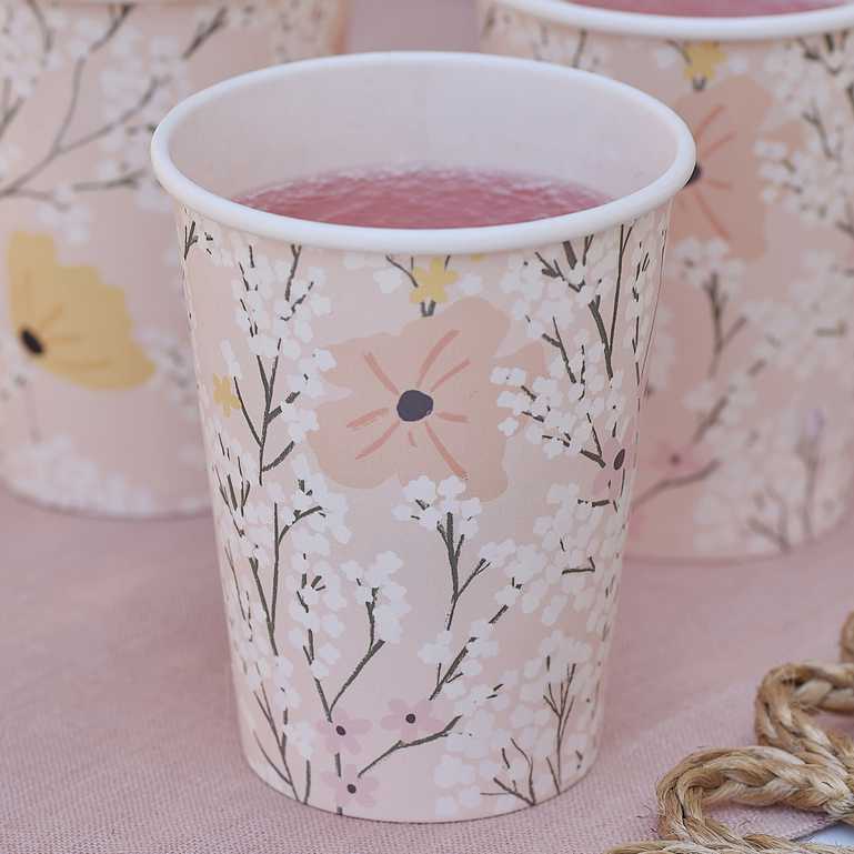 Pink Floral Flower Theme Paper Party Cups