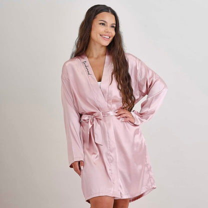 Pink Satin Bridesmaid Embroidered Wedding Robe Gown