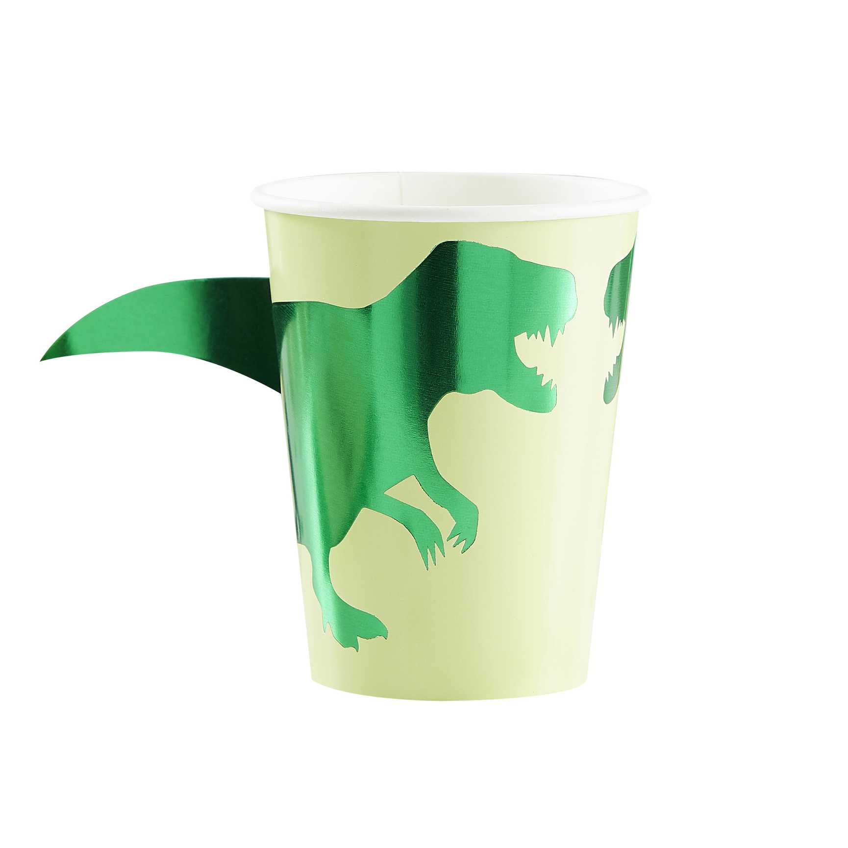 green dinosaur paper party cups with a 3d pop out dinosaur tail for a kids dinosaur birthday party theme decoration