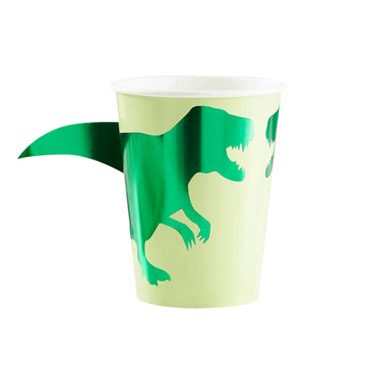 green dinosaur paper party cups with a 3d pop out dinosaur tail for a kids dinosaur birthday party theme decoration