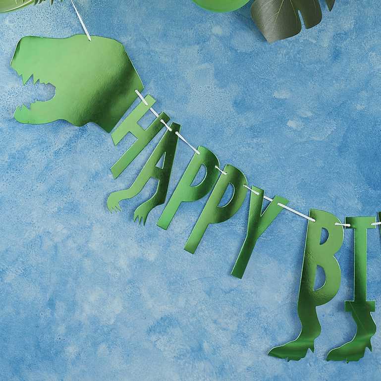 green dinosaur baner bunting with the words 'happy birthday' for a kids dinosaur birthday party theme party decorations