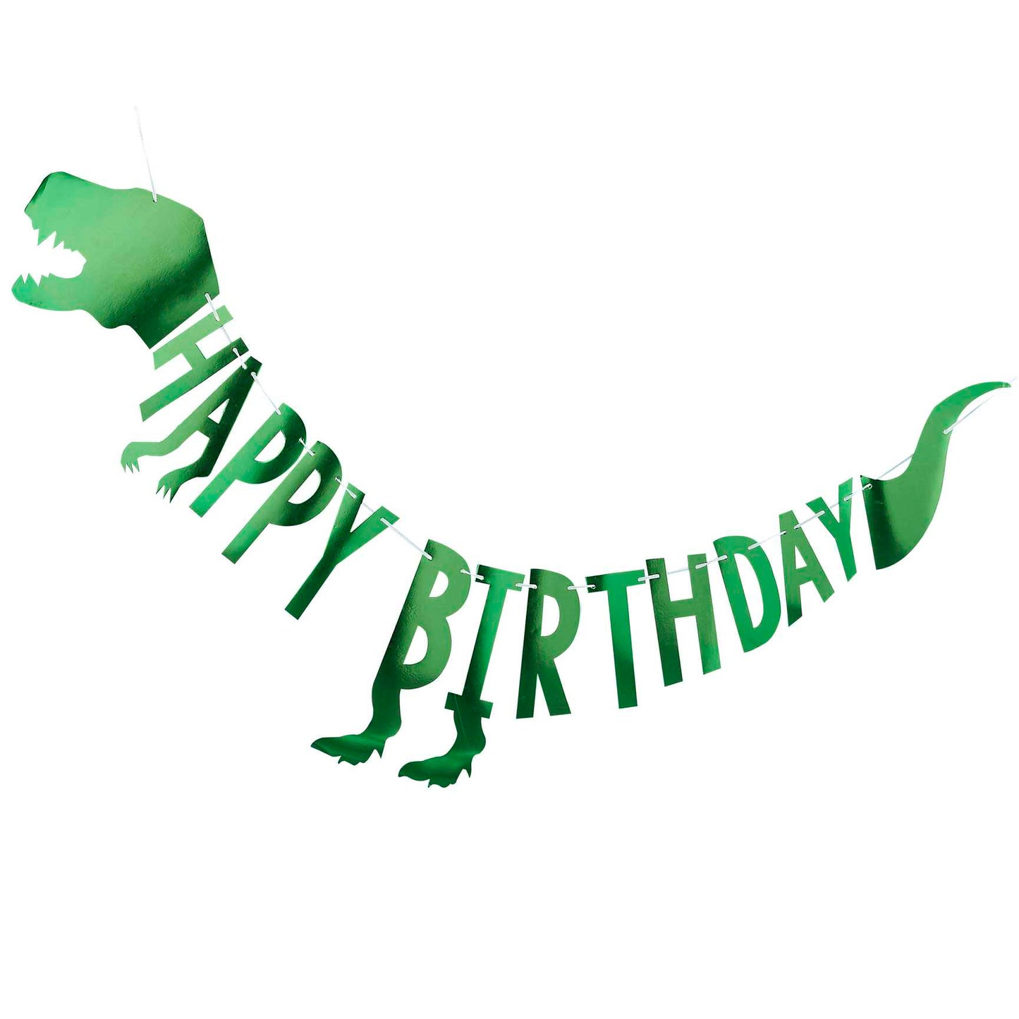 green dinosaur baner bunting with the words 'happy birthday' for a kids dinosaur birthday party theme party decorations