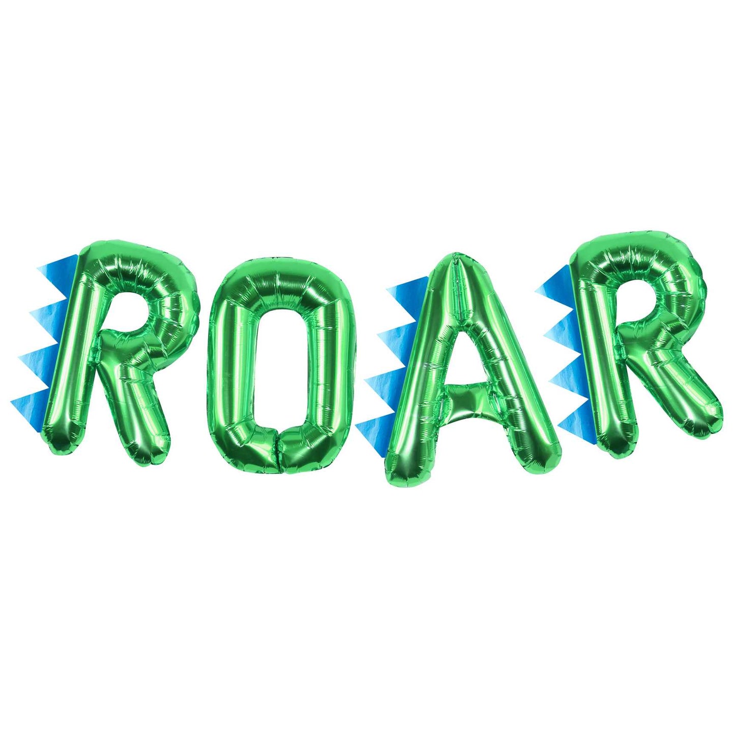 Green foil balloons that read the words "ROAR' for a kids dinosaur birthday party theme decoration