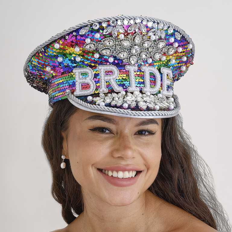 Rainbow Rhinestone & Pearl Bride Captains Hat