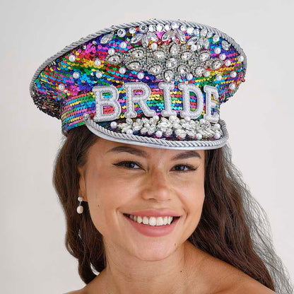 Rainbow Rhinestone & Pearl Bride Captains Hat