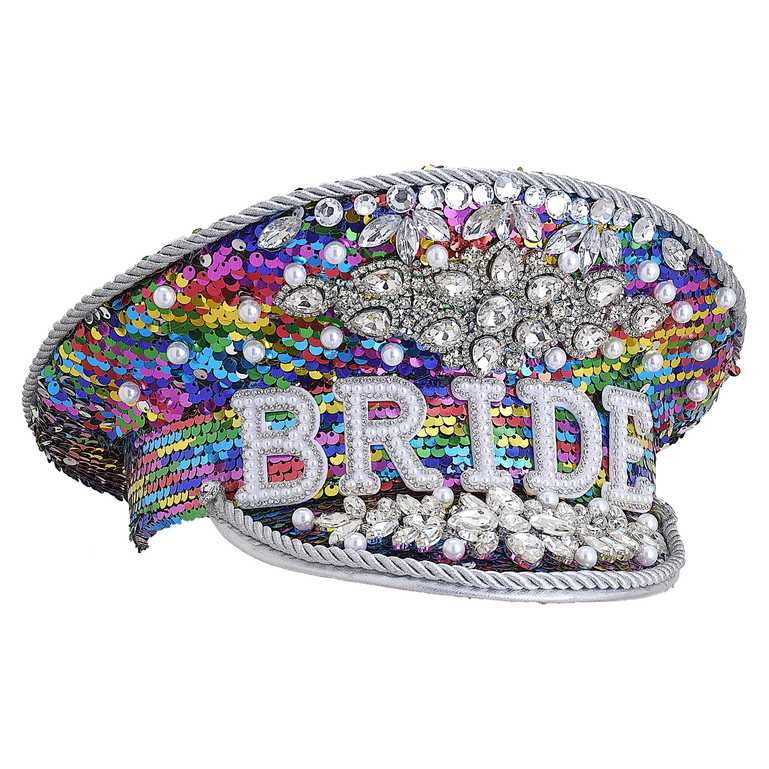 Rainbow Rhinestone & Pearl Bride Captains Hat