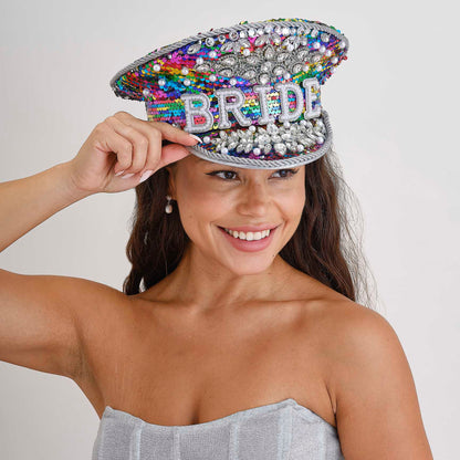 Rainbow Rhinestone & Pearl Bride Captains Hat