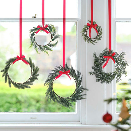 Mini Hanging Christmas Wreaths with Red RIbbons