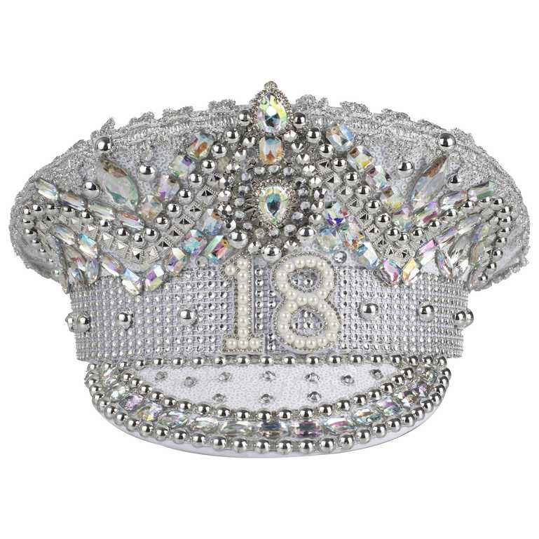 Silver Sequin & Pearl 18th Birthday Captains Hat