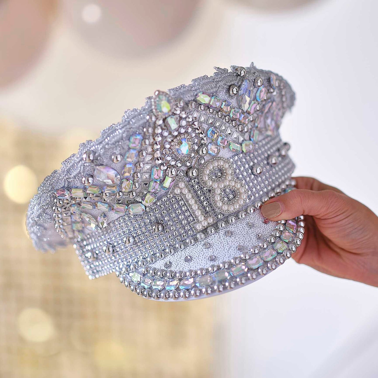 Silver Sequin & Pearl 18th Birthday Captains Hat