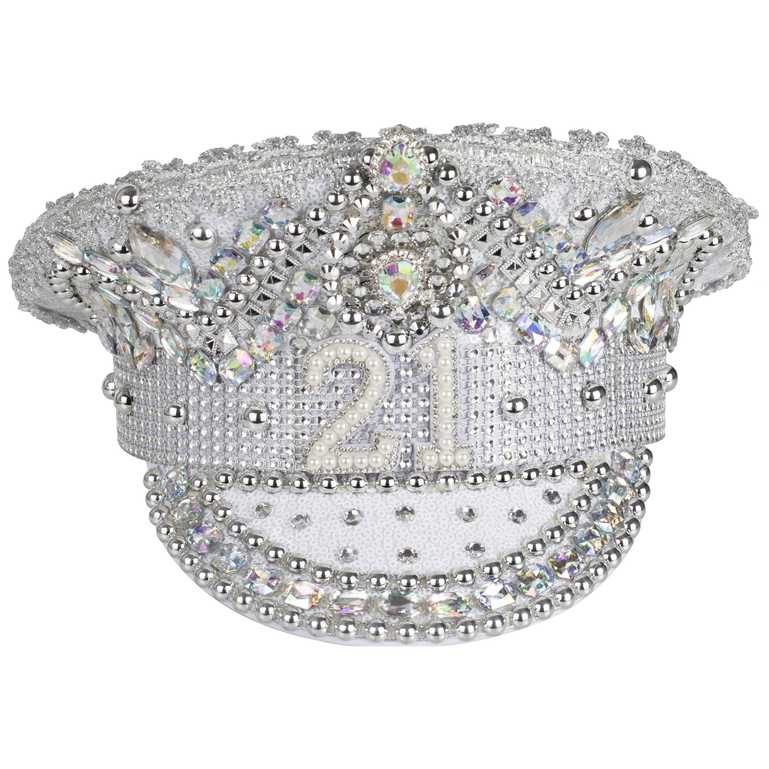 Silver Sequin & Pearl 21st Birthday Captains Hat