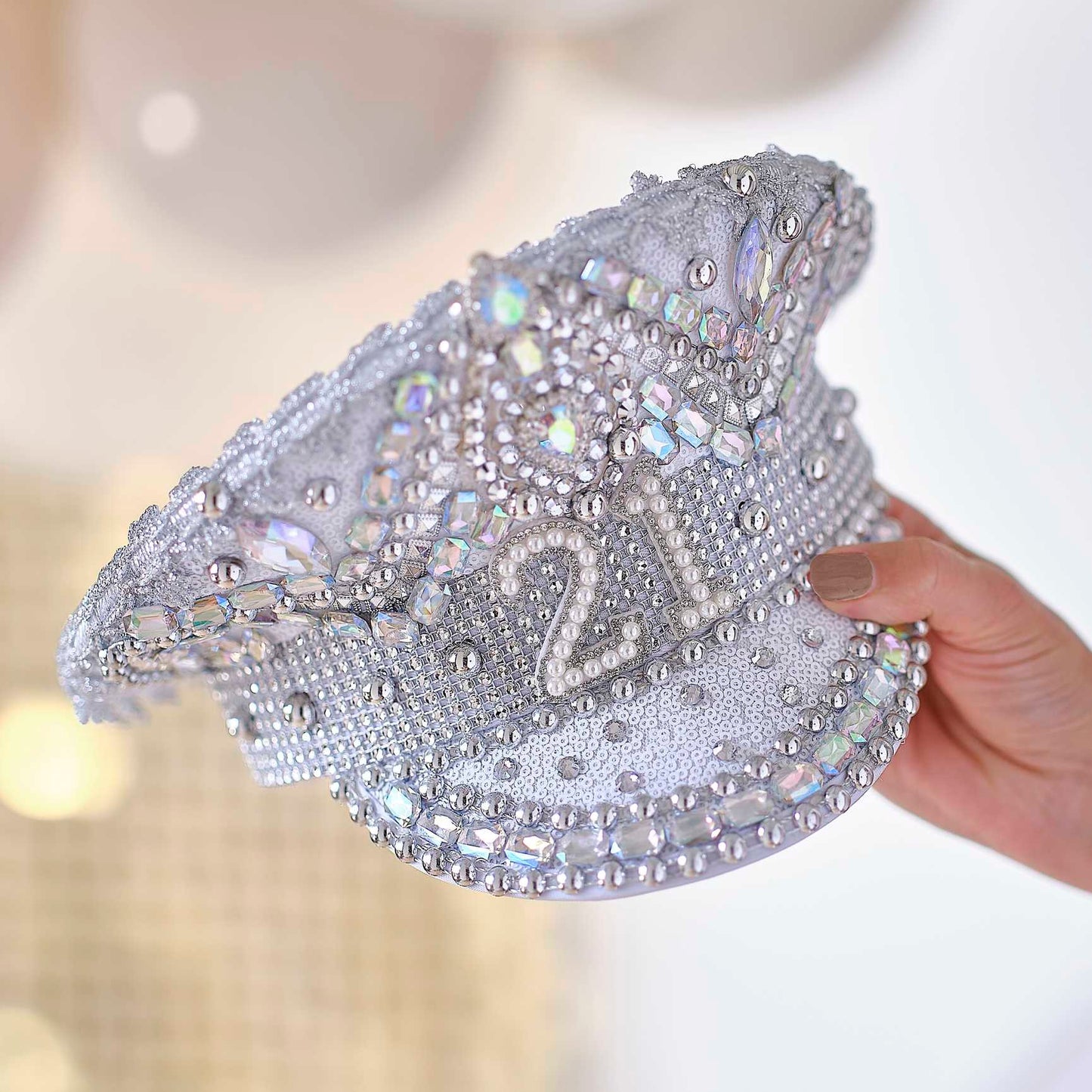 Silver Sequin & Pearl 21st Birthday Captains Hat