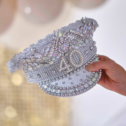 Silver Sequin & Pearl 40th Birthday Captains Hat