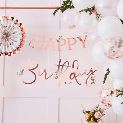 happy birthday rose gold tea party floral theme garden cocktail party banner bunting words decorations