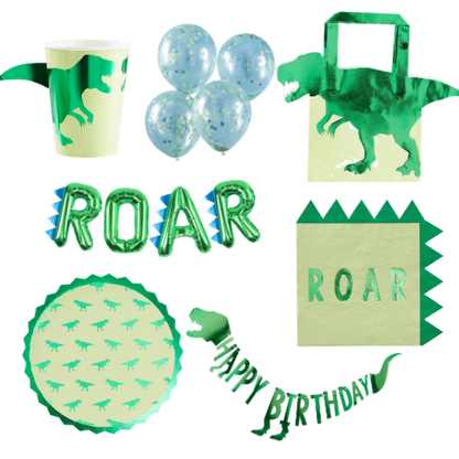 green dinosaur Roar birthday party theme decorations pack with cups plates balloons and party bags