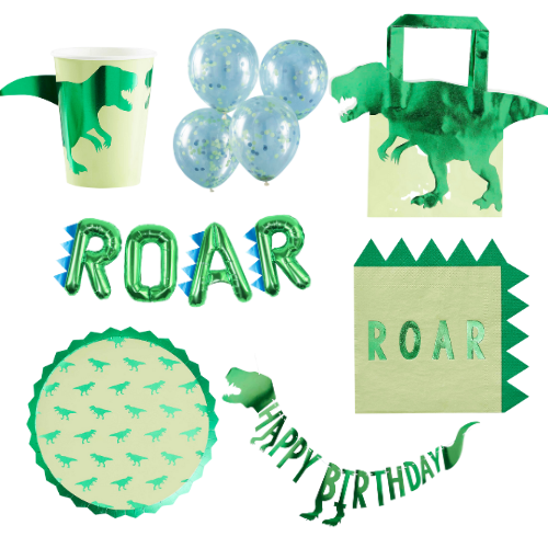 green dinosaur Roar birthday party theme decorations pack with cups plates balloons and party bags