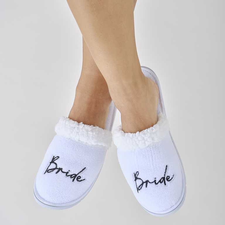 White Fluffy Bride Slippers