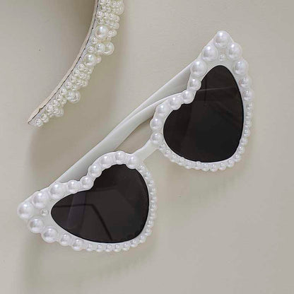 White Pearl Love Heart Shape Bride Sunglasses