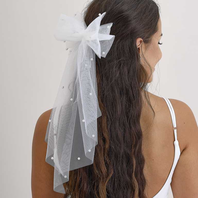 White Tulle Pearl Bride Hair Bow