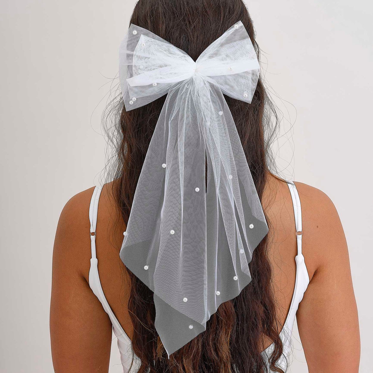 White Tulle Pearl Bride Hair Bow