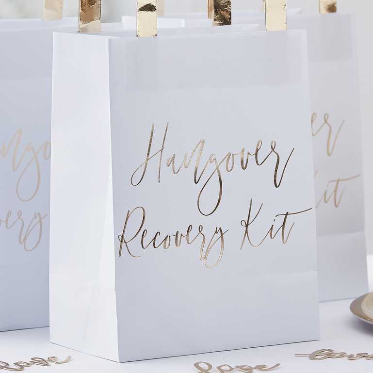 White & Gold Wedding Guests Hangover Recovery Kit Bags